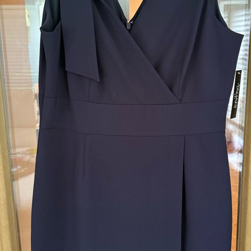 Tahari Blue Asymmetrical Sheath Dress with Tie Front